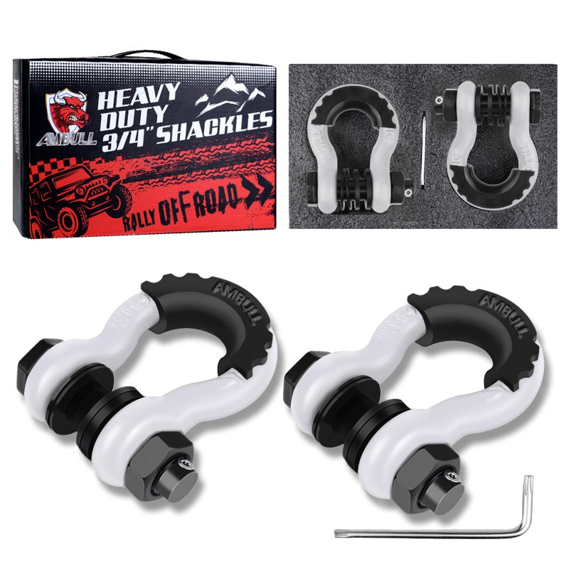 AMBULL Shackles 3/4" D Ring Shackle (2 Pack) 45,000lb Break Strength with 7/8" Pin, Anti Theft Security Screws, Isolator & Washer Kits for Use with Tow Strap Winch Truck Vehicle Recovery, White - Image 1
